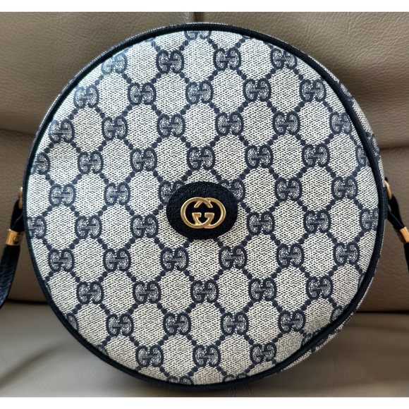 Gucci Handbags - Authentic Vintage Gucci Canteen Round Navy Monogram Canvas Leather Crossbody Bag